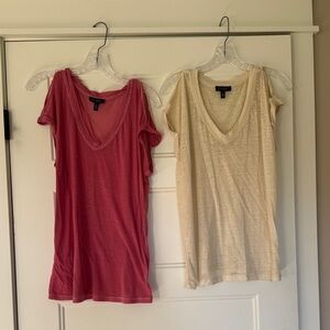 Jessica Simpson Short Sleeve V-Neck Cold Shoulder Tops - Pink and Cream